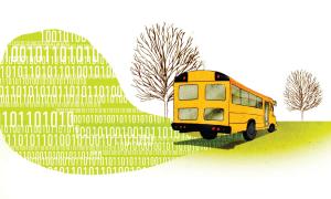 Illustration of a bus on a road of binary code