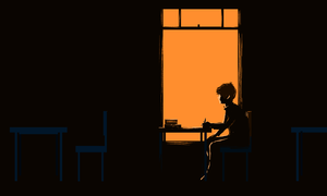 Illustration of a lone young person in the dark looking out a window.