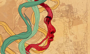 Stylized illustration of a person's profile rendered in ribbons of color.
