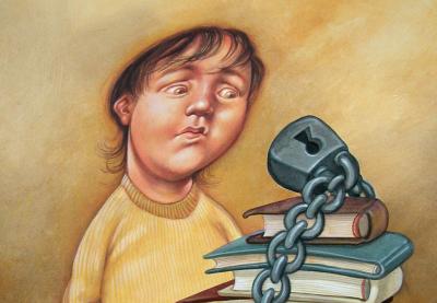 Teaching Tolerance illustration  of a kid looking at a pile of book with a chain around them