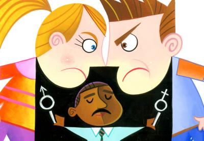 Teaching Tolerance illustration of two kids of different genders 'facing-off' being separated by their teacher