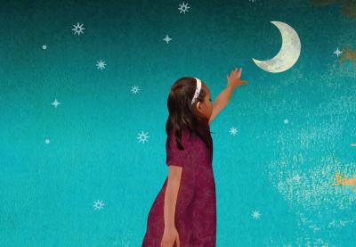 Illustration of a young girl or woman reaching for the moon