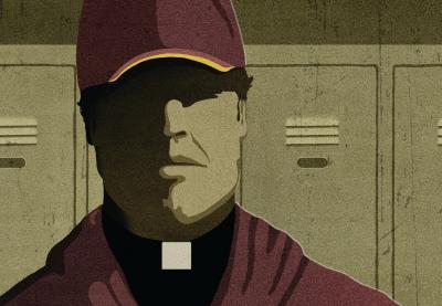 Teaching Tolerance illustration of Coach with clerical collar inside a locker room