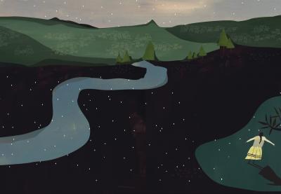 Illustration of a river running through untouched American landscape