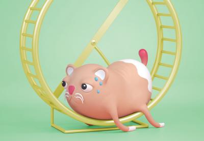 Illustration of a hamster collapsed in its wheel