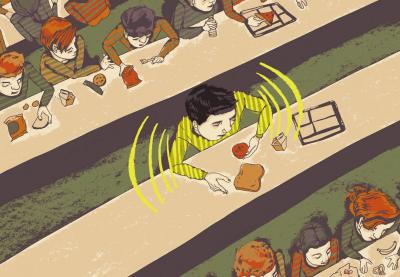 Illustration of a boy sitting alone at a lunch table