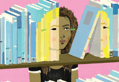 Teaching Tolerance illustration of young female not seeing characters in the books representing people of color