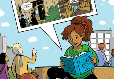 Illustration of student reading graphic novel about social justice