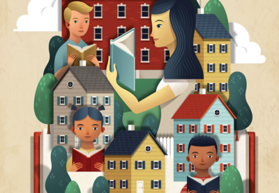Illustration of several people reading books, superimposed over various houses and top of a large book.