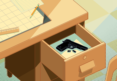 Illustration of a gun inside of a desk drawer.