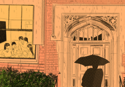 Illustration of someone approaching a school building while holding umbrella.