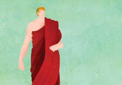 Illustration of a white man dressed in a red toga.