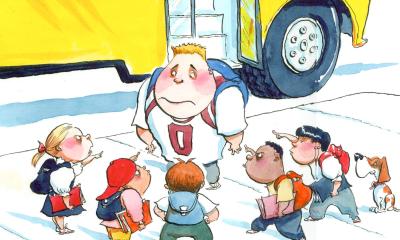 Teaching Tolerance illustration of students pointing angry to the big kid at the school bus door