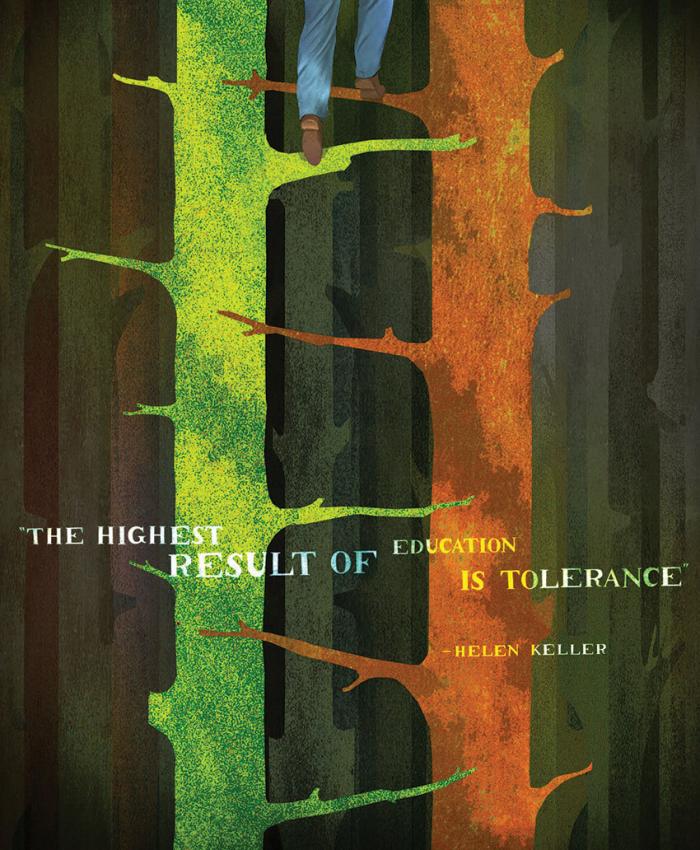 An illustration that depicts Helen Keller's quote "The highest result of education is tolerance."