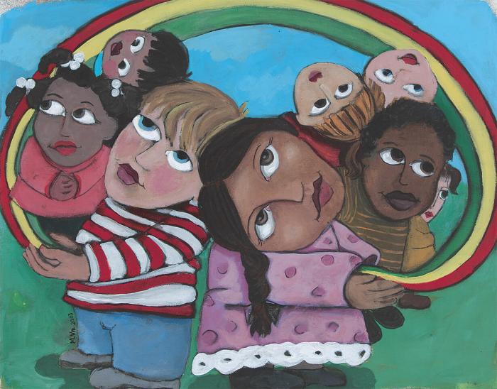 Teaching Tolerance illustration with children with a rainbow around them