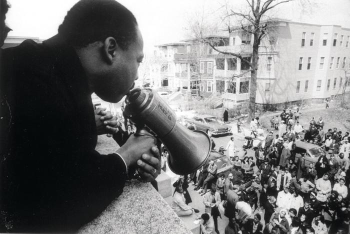 Dr. King addresses a crowd, April 1965;