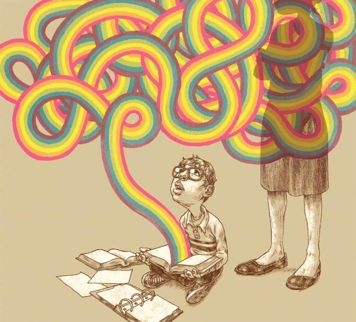 Rainbow squiggly lines come flowing from a child's book