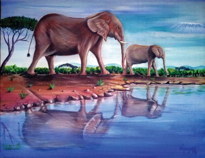 A Kennedy painting featuring two elephants and their reflection in the water