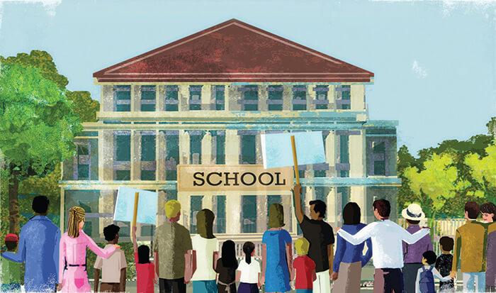Teaching Tolerance illustration of students standing outside a school