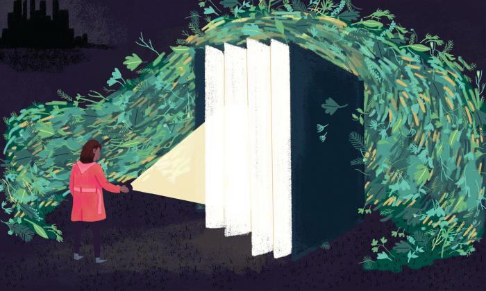 Illustration of girl shining a light into an open book.