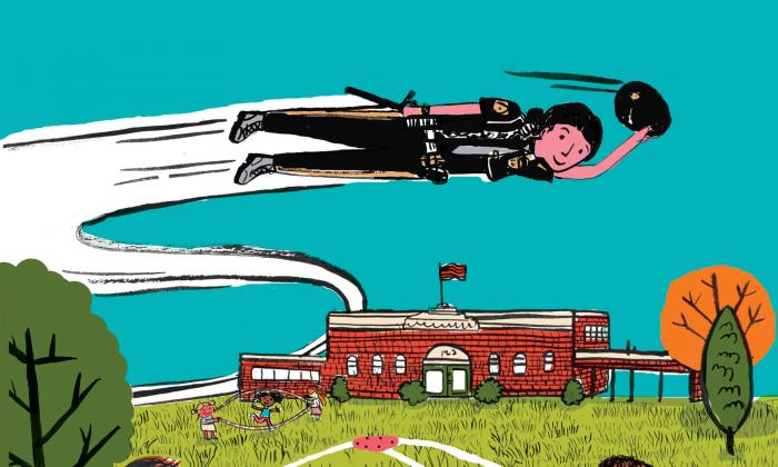 Illustration of girl or woman superhero flying over a school