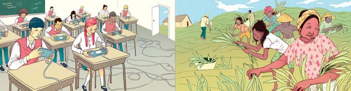 Illustration of children playing video games in a classroom compared to people working the fields