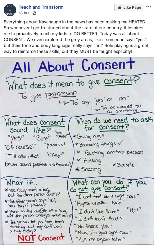 Facebook post screenshot from Teach and Transform focusing on consent.