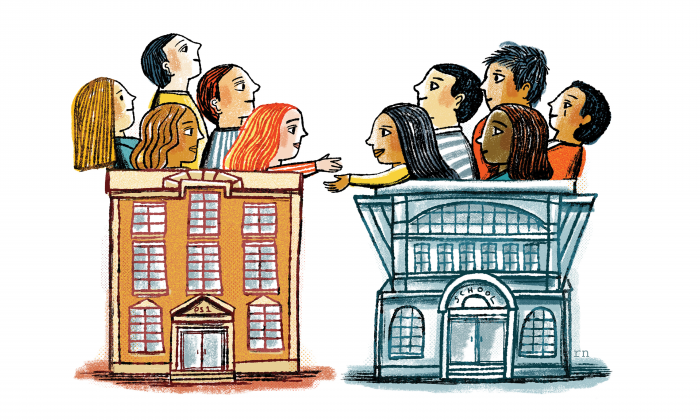 Illustration of various people facing and talking to each other from the top of small buildings.