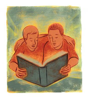 Teaching Tolerance illustration of two kids sharing a book