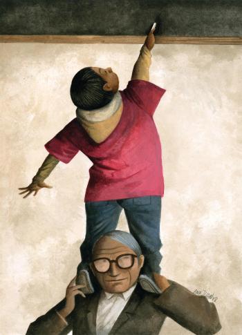 Teaching Tolerance illustration with a young student reaching a chalkboard on the shoulders of older man