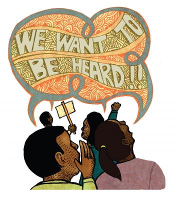 Teaching Tolerance illustration of students shooting 'We Want To Be Heard!!'