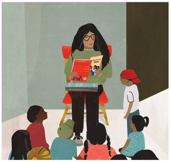 Illustration of a teacher reading a book to her students