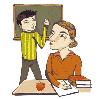 Illustration of a teacher looking over her shoulder as a boy works at the board