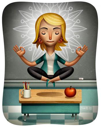 Illustration of a teacher floating above her desk in a yoga meditation pose