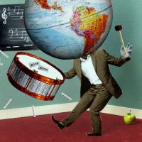 Teaching Tolerance illustration of a person with a World Globe as head playing drum in a classroom