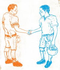 blue and orange football players shaking hands