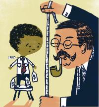 Teaching Tolerance illustration of an adult measuring a child with price tags over his clothes