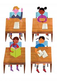 Illustration of four students sitting at their desks