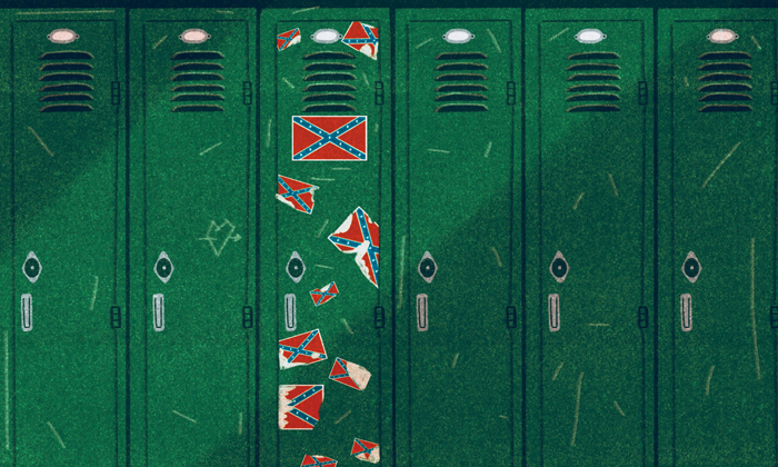 Confederate flag stickers on a locker in the school hallway