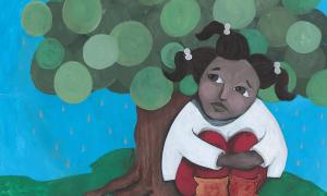 Teaching Tolerance illustration with a young girl sitting under a tree holding her knees