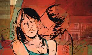 Illustration of man kissing a woman
