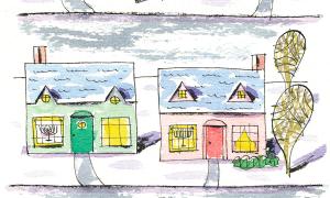 Teaching Tolerance illustration with two houses with menorahs at the window