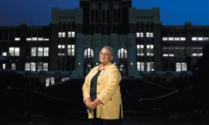 Minnie Jean Brown in front of the Central High in Little Rock, Ark.