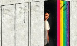 Illustration of an LGBT student hiding in a locker