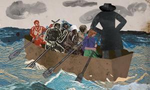 Illustration of humans being trafficked by boat