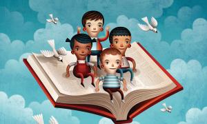 children riding a flying book