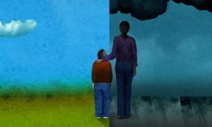 Teaching Tolerance illustration a child standing under nice weather beside an adult standing under dark weather