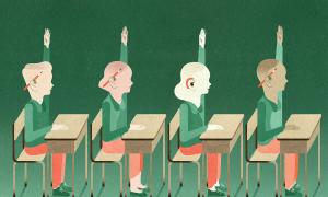 Illustration of four students at their desks raising their hands