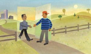 Illustration of boy being welcomed as he walks through a fence