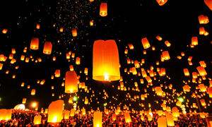 Lanterns lit at night in celebration of Diwali, the Hindu Festival of Lights.